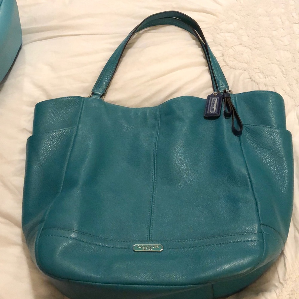 Green Coach tote with lots of pockets!